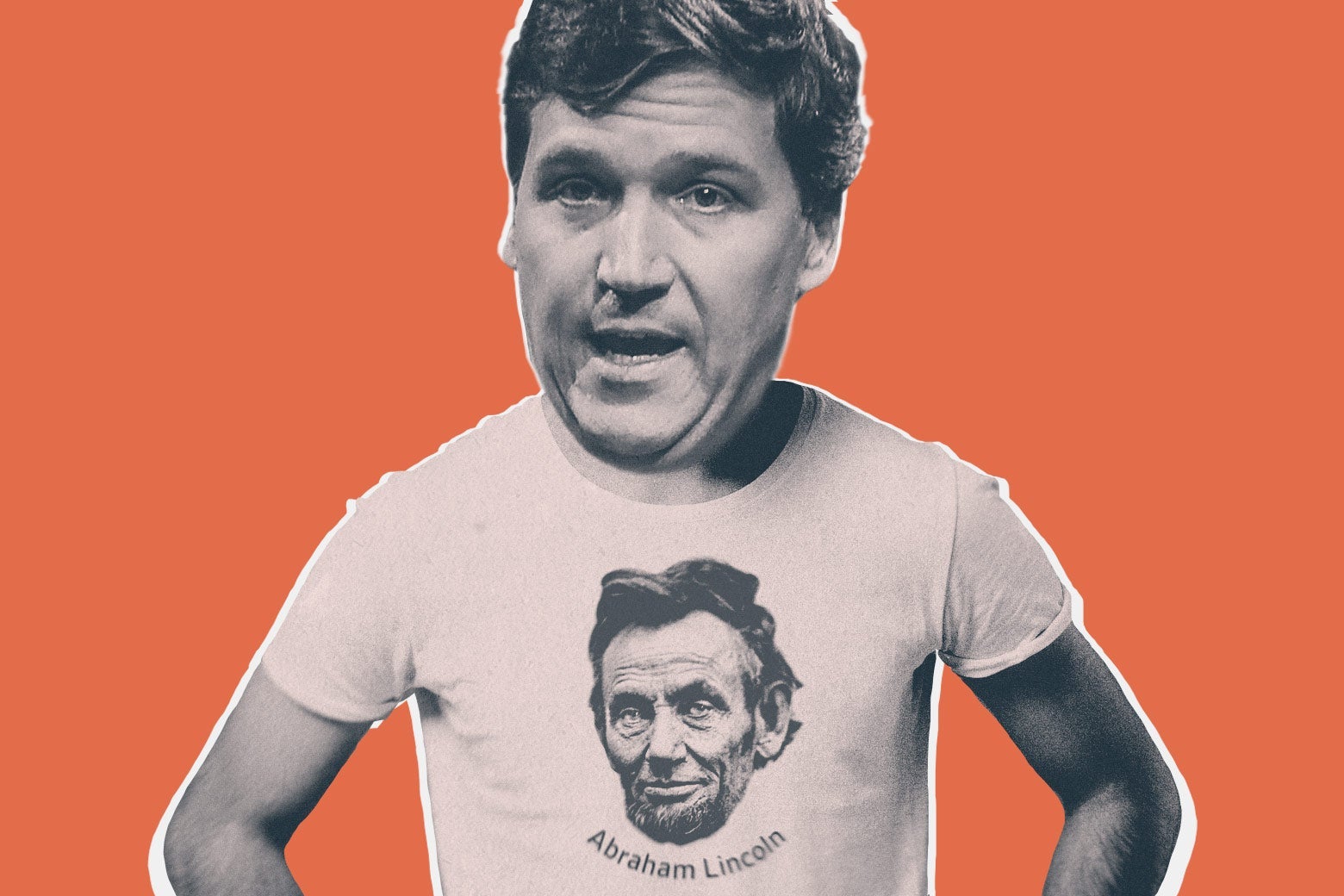 Tucker Carlson's head photoshopped on the body of a guy wearing a white T-shirt with Abraham Lincoln's face on it