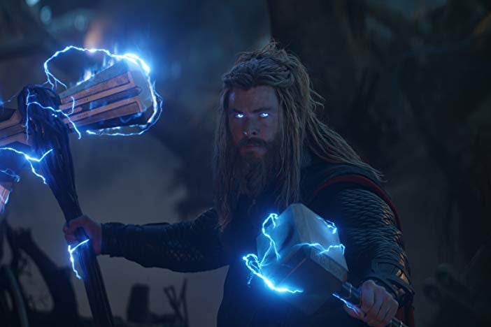 Chris Hemsworth as Thor with electrified hammers in a still from Avengers: Endgame.