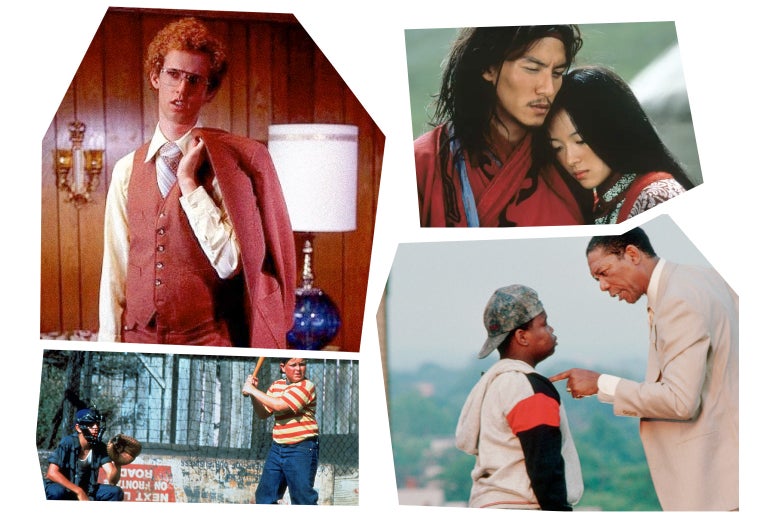Top left: a still of Jon Heder in Napoleon Dynamite, top right: a still from Crouching Tiger, Hidden Dragon, of Zhang Ziyi and Chang Chen as young lovers comforting each other, bottom right: a still from Lean on Me of Morgan Freeman as Principal Clark chastising a student, and bottom left: a still from The Sandlot of Patrick Renna as Ham Porter up at bat.