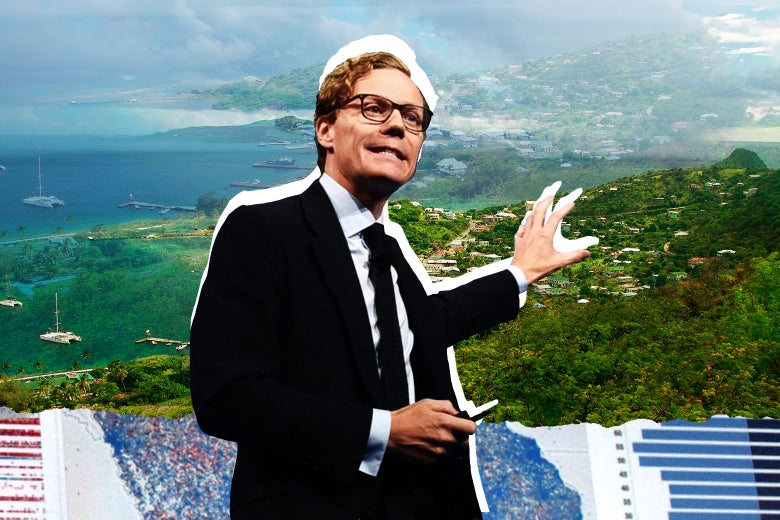 CEO of Cambridge Analytica Alexander Nix in front of charts and Union Island Clifton Bay Grenadines Islands.