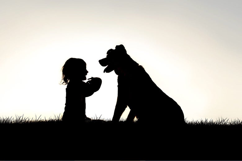 A girl and a dog, seen in silhouette.