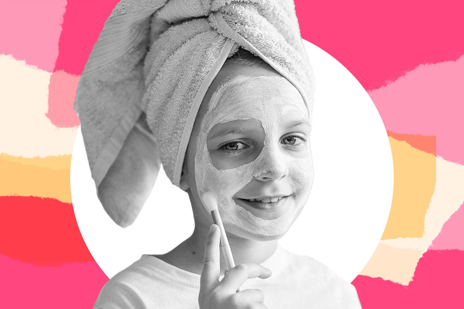 A young girl with a masque on and her hair in a towel.