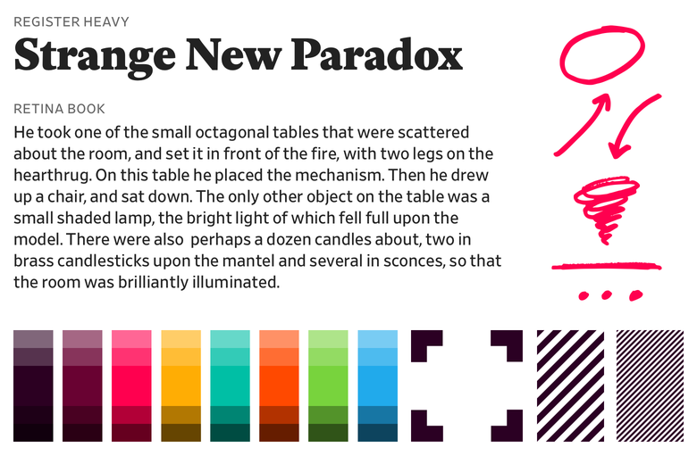 A sampling from Slate’s new design toolkit and type and color palettes.