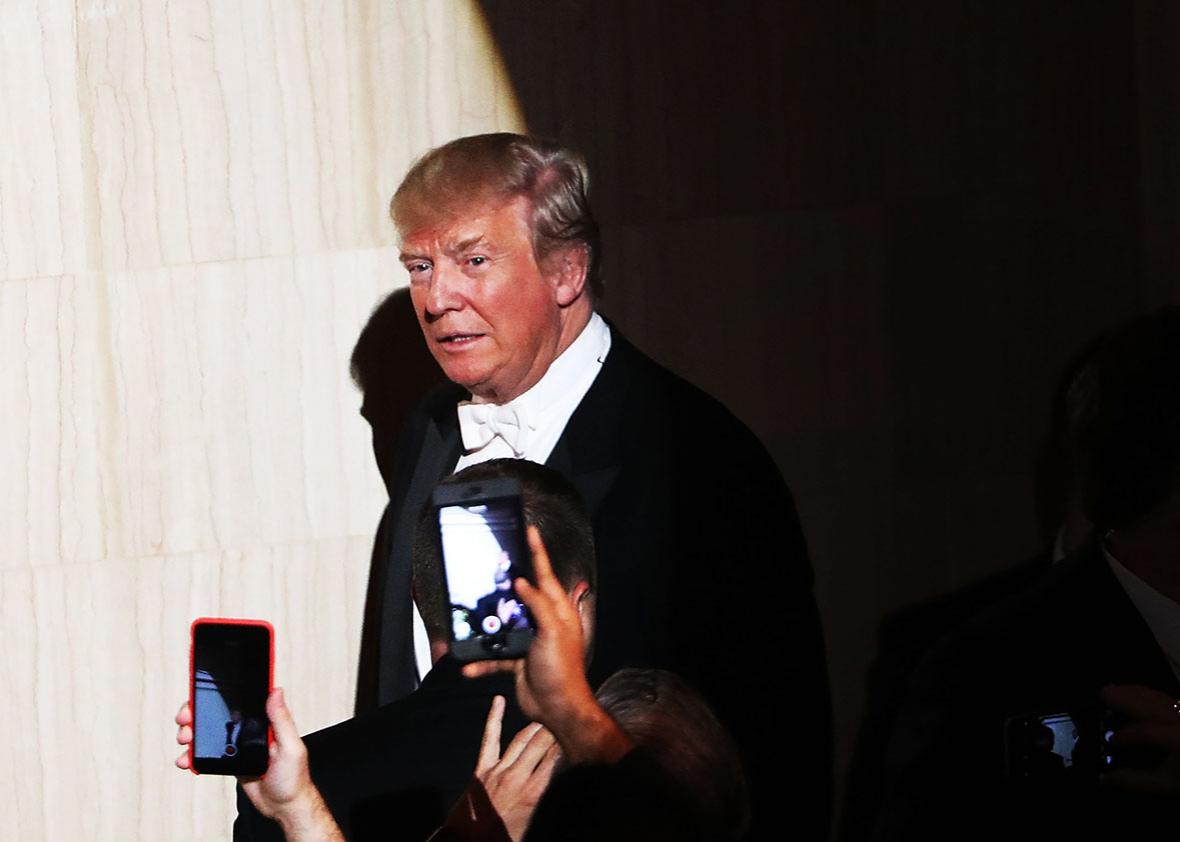 Donald Trump walks onto the stage while attending the annual Alfred E. Smith Memorial Foundation Dinner at the Waldorf Astoria on October 20, 2016 in New York City.