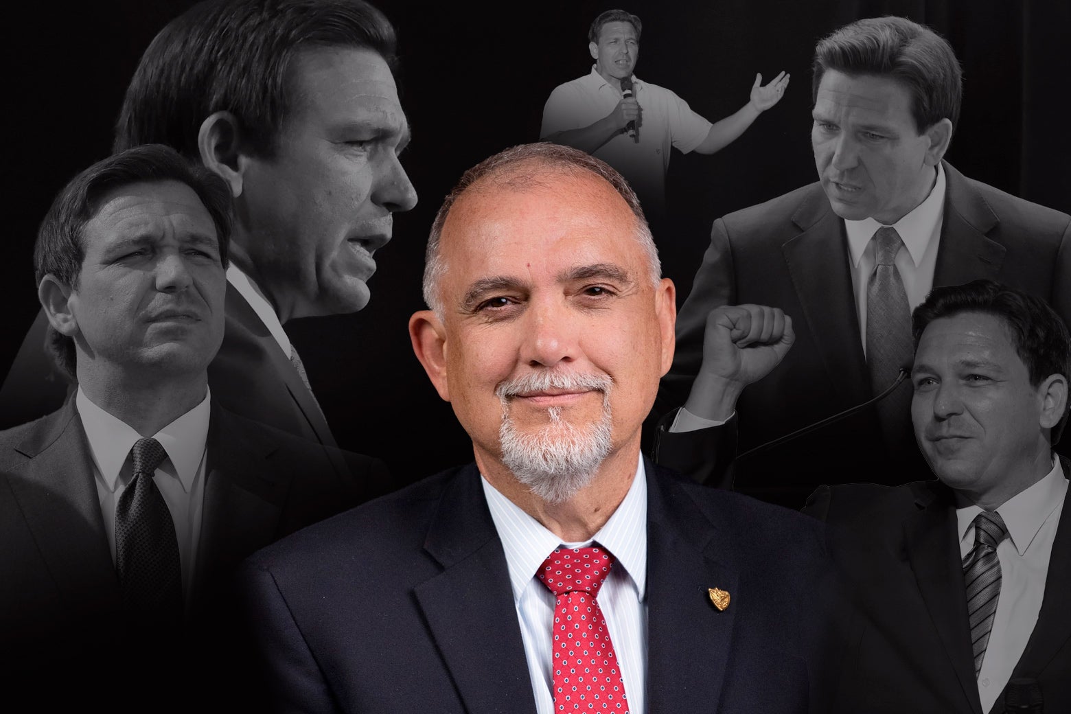 A middle-aged man in a red tie and dark suit smiles, while images of Ron DeSantis are in the background.