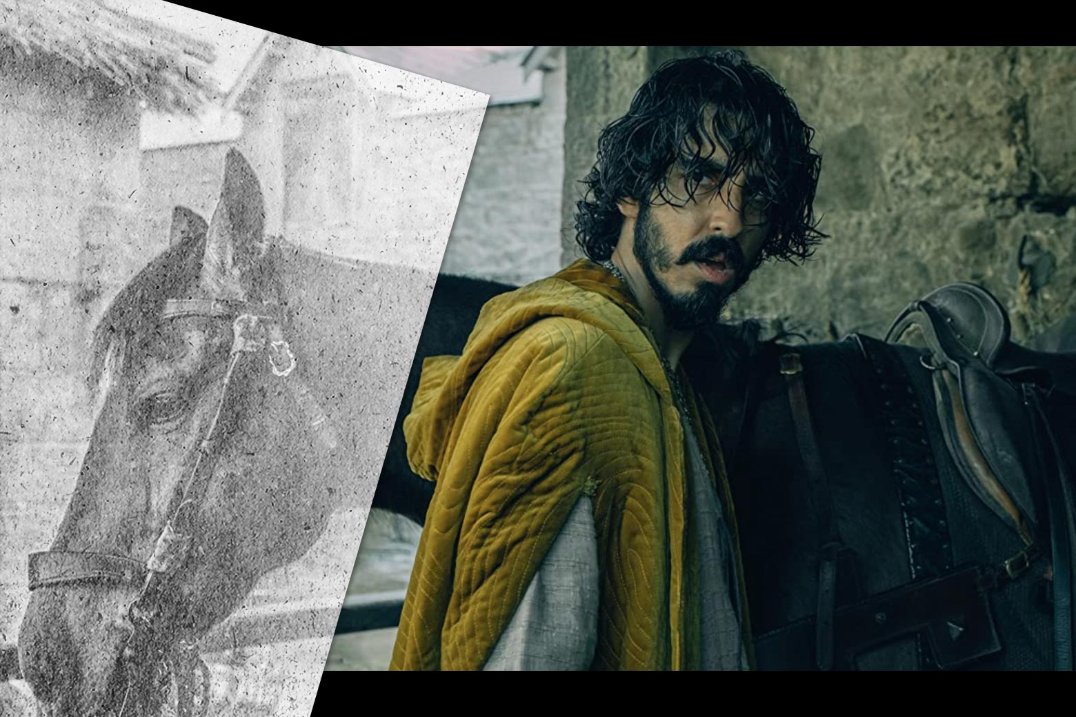 Dev Patel in The Green Knight, with the image of a sheet of paper.