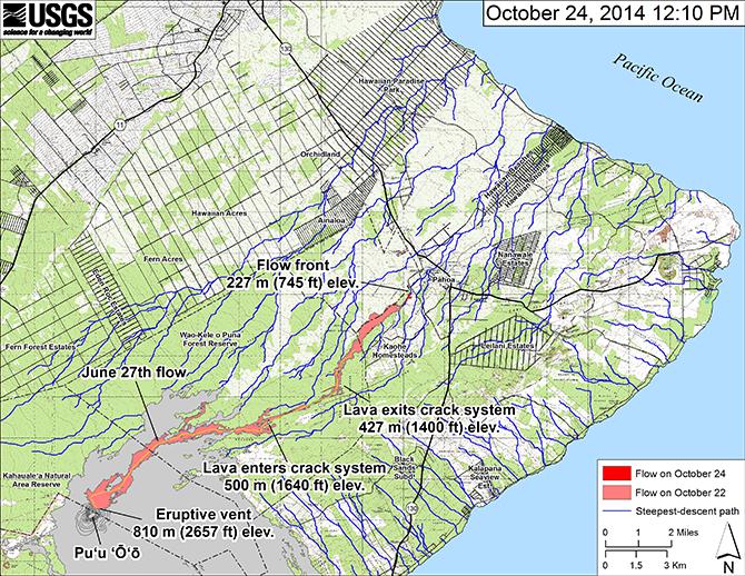 A map from the USGS shows the lava plume from its source at the Pu’u ‘O’o vent of the Kilauea volcano, about 12 miles away.