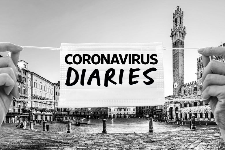 Mask that says "Coronavirus Diaries" pulled across an image of an empty Venice public square.