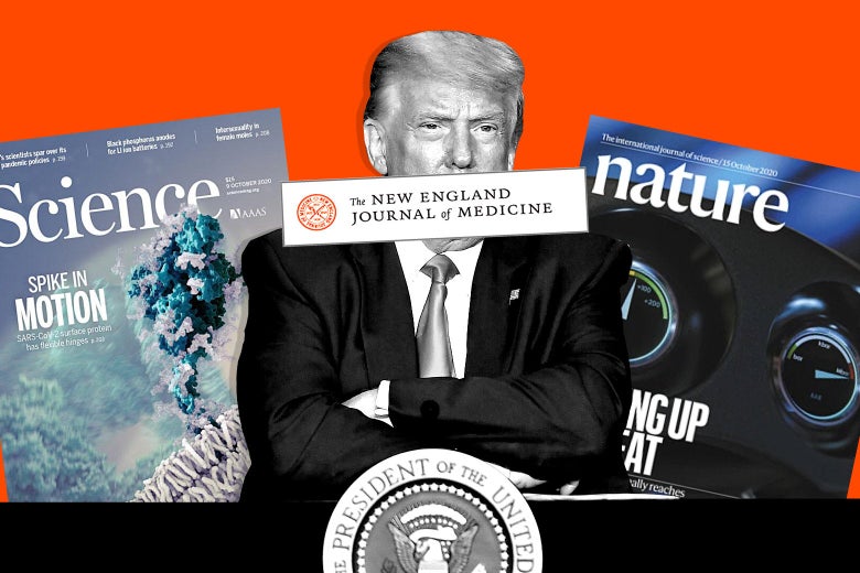 Collage of an annoyed Donald Trump sitting with his arms crossed, surrounded by science journals.