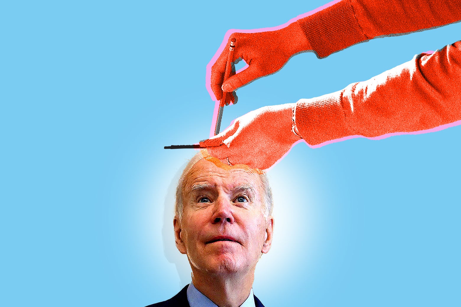 Biden stands against a blue background, while a hand superimposed on the image draws a line above his head, like he's a kid having his height measured. 