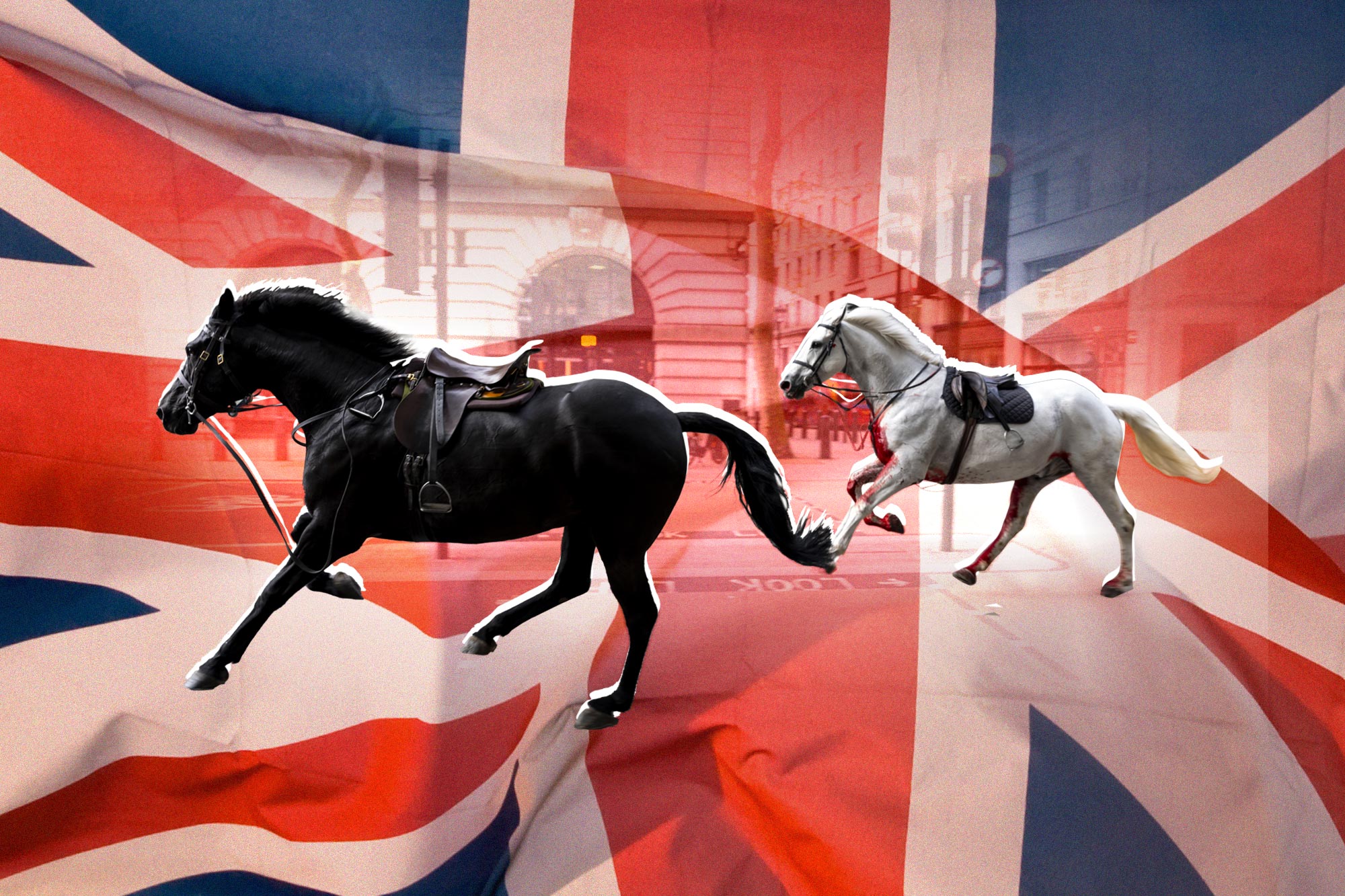 A photo illustration of the escaped horses against the flag of the United Kingdom