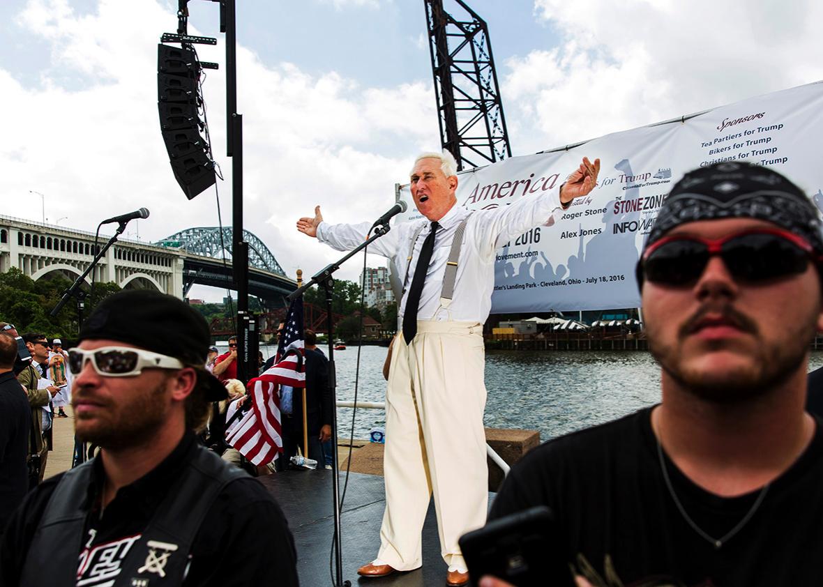 Donald Trump advisor and political consultant Roger Stone speaks at an 'America First' unity rally on the opening day of the Republican National Convention, July 18, 2016 in Cleveland, Ohio. 