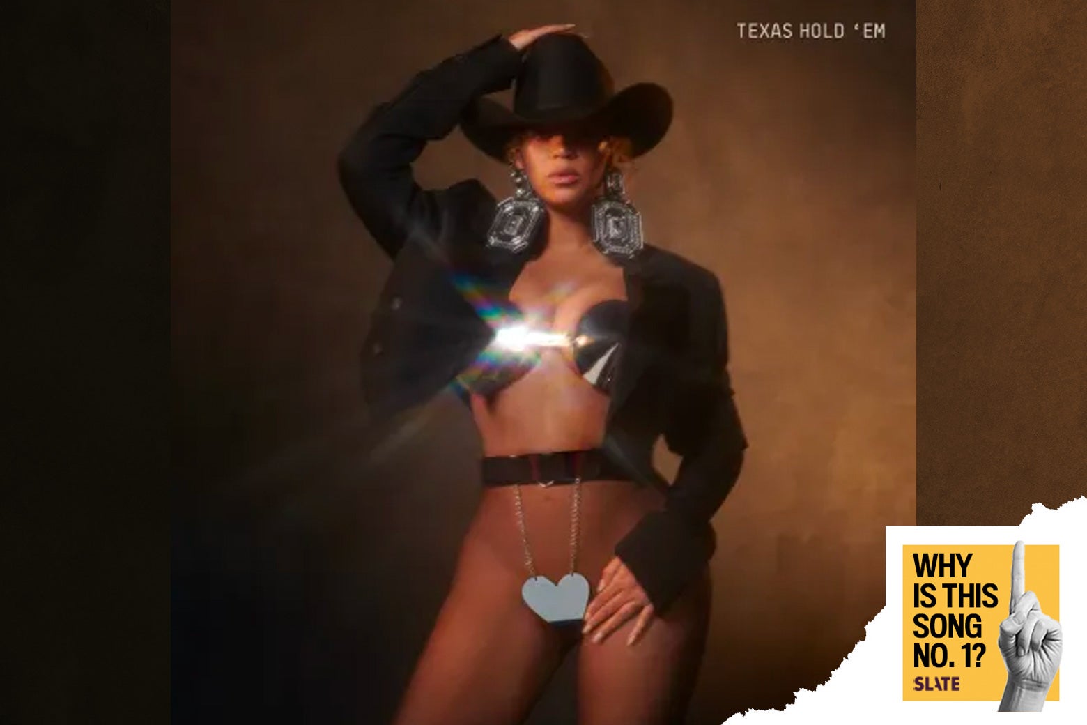 An illustration shows, at the center, the cover art for Beyoncé’s “Texas Hold ’Em,” which features the singer near naked in nothing but a black cowboy hat, an open riding jacket, and metal heart underwear. In the corner, a logo reads “Why Is This Song No. 1?”