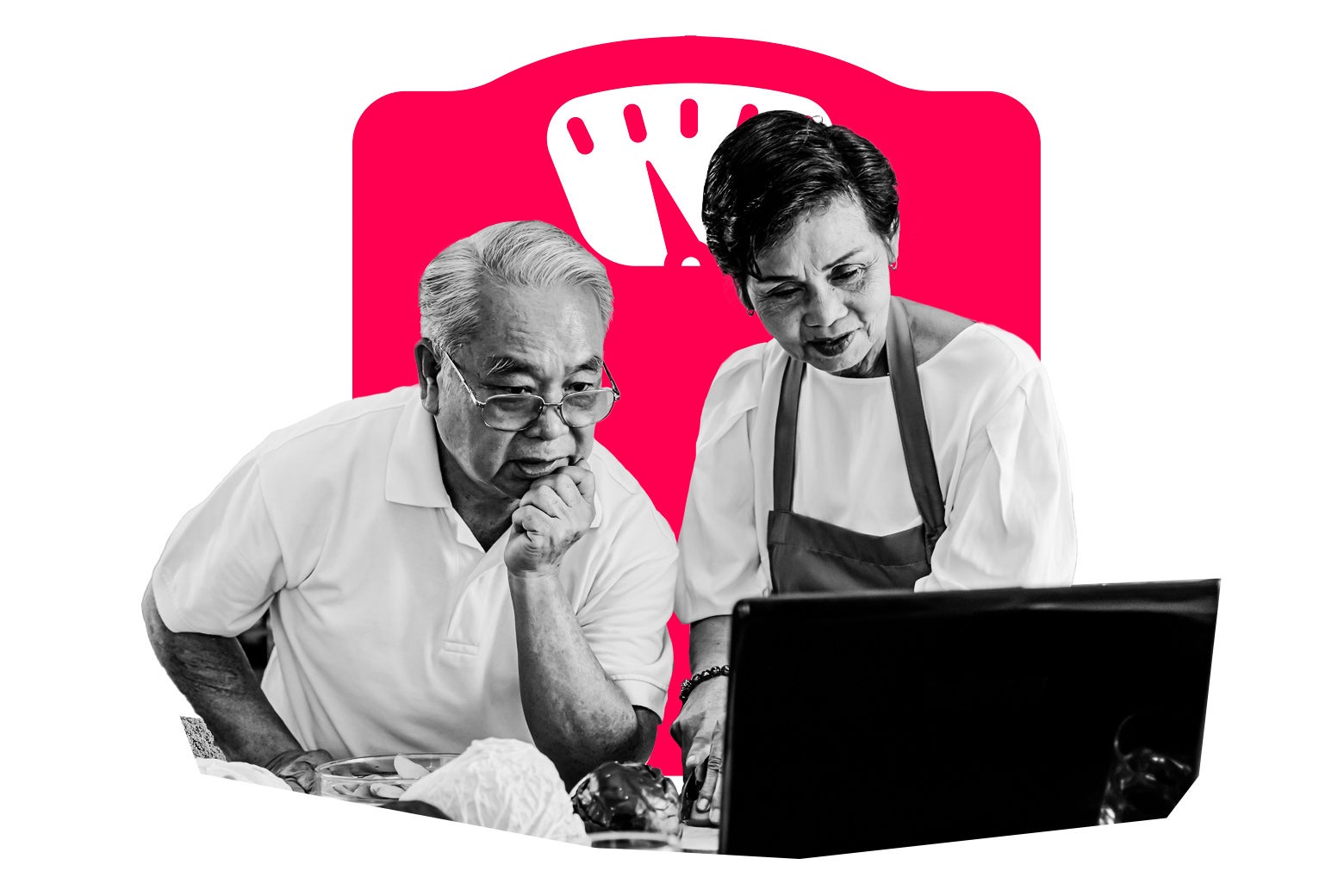 An older couple look at a recipe on a laptop while cooking, in front of an illustrated scale.