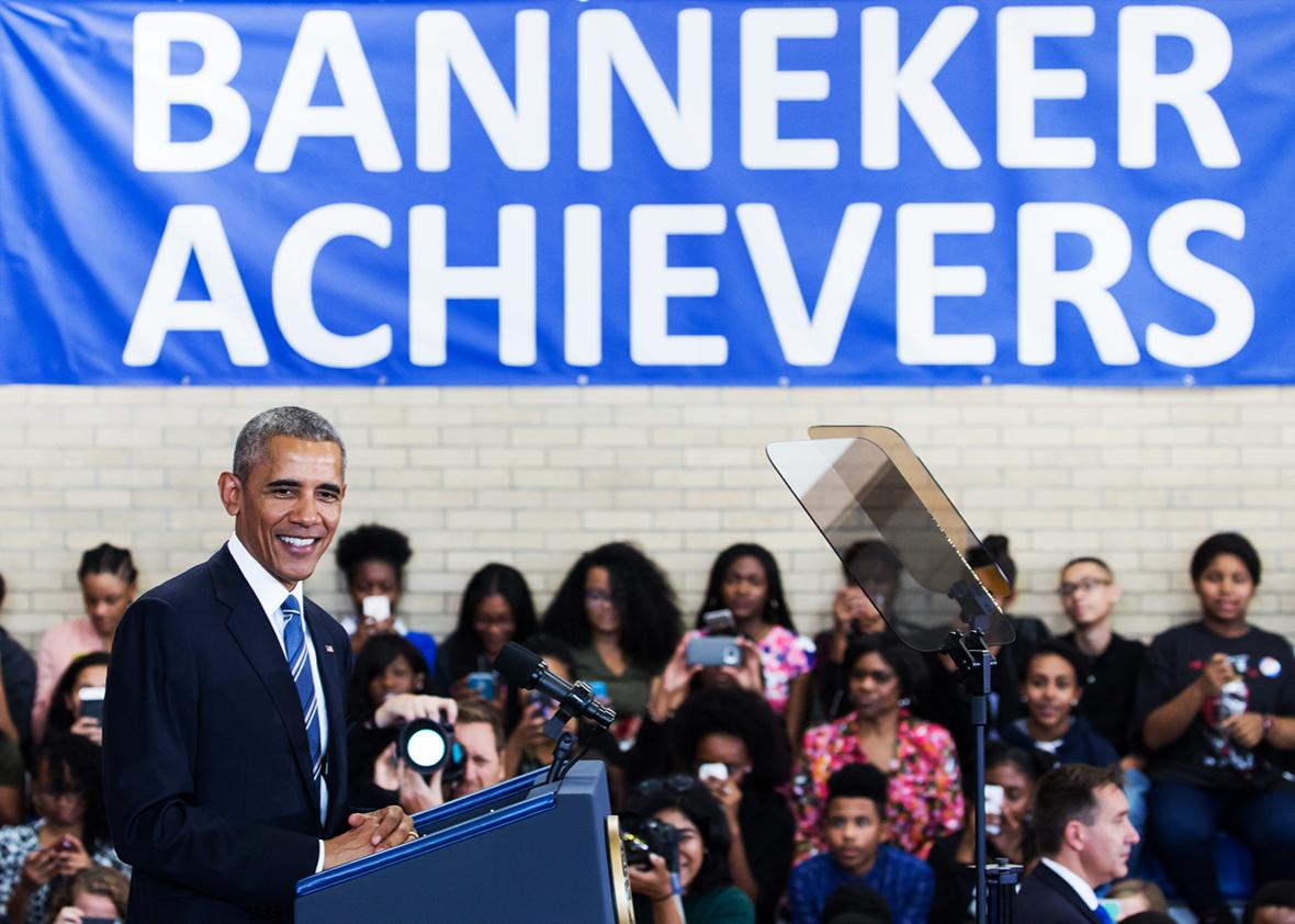US President Barack Obama delivers remarks on education at Benjamin Banneker Academic High School in Washington,DC on October 17, 2016. 