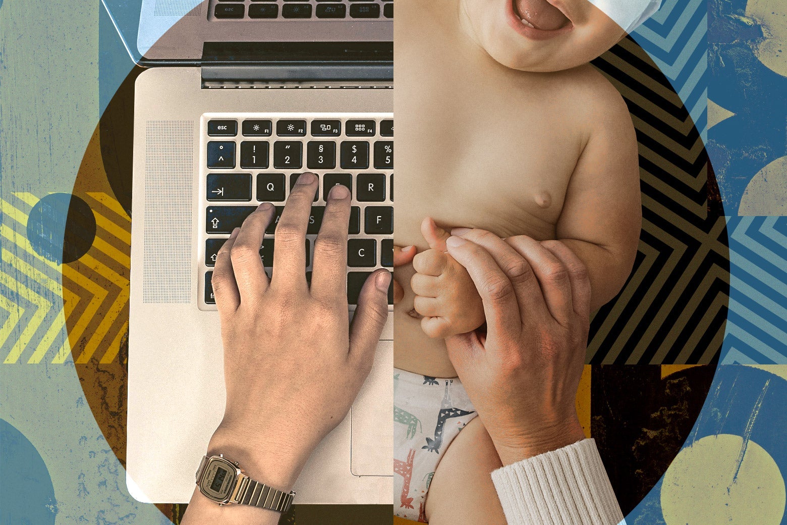 A hand typing on a laptop and a hand tickling a baby.