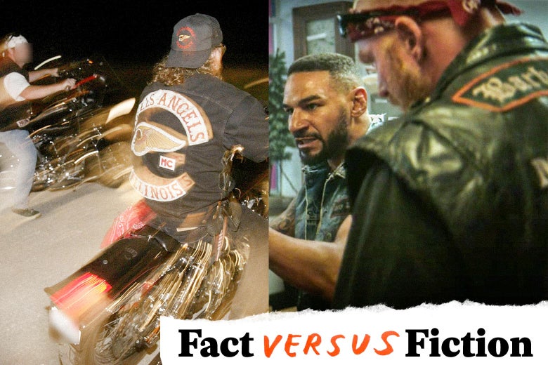 Side by side photos of real Hells Angels and actors playing Hells Angels in Pam & Tommy