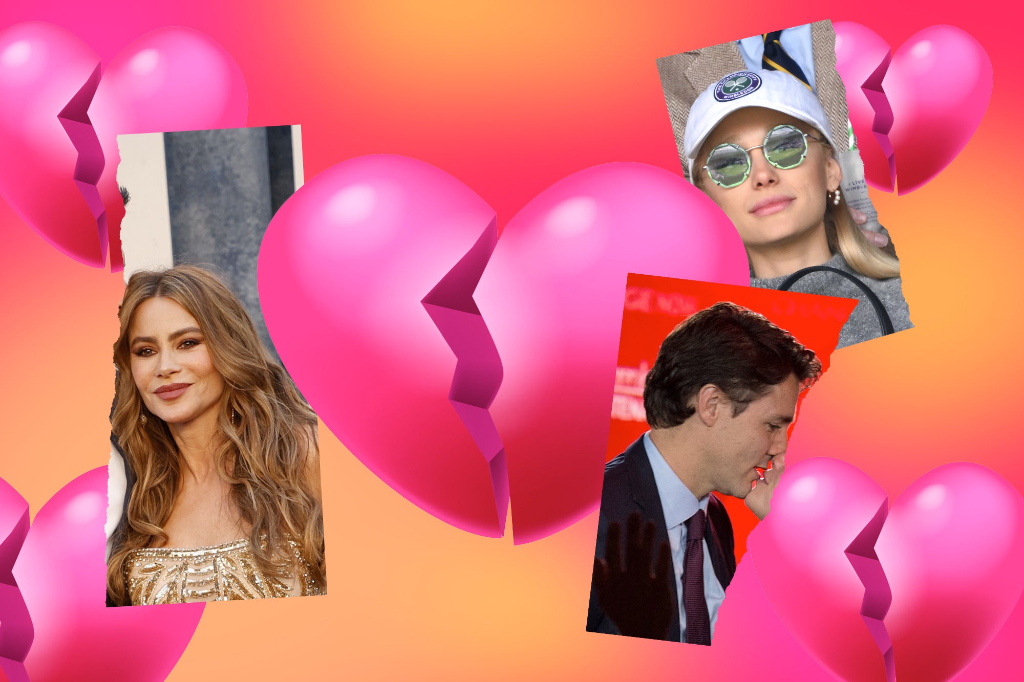 A background of broken pink hearts with photos of Sofia Vergara, Ariana Grande, and Justin Trudeau. 