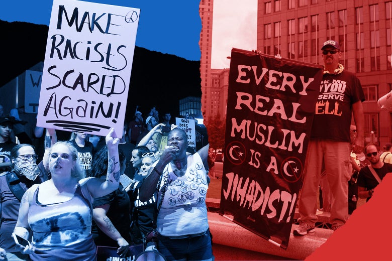 At left, protesters hold up a sign that says, "Make racists scared again." At right, a protester holds up a sign that says, "Every real Muslim is a jihadist."