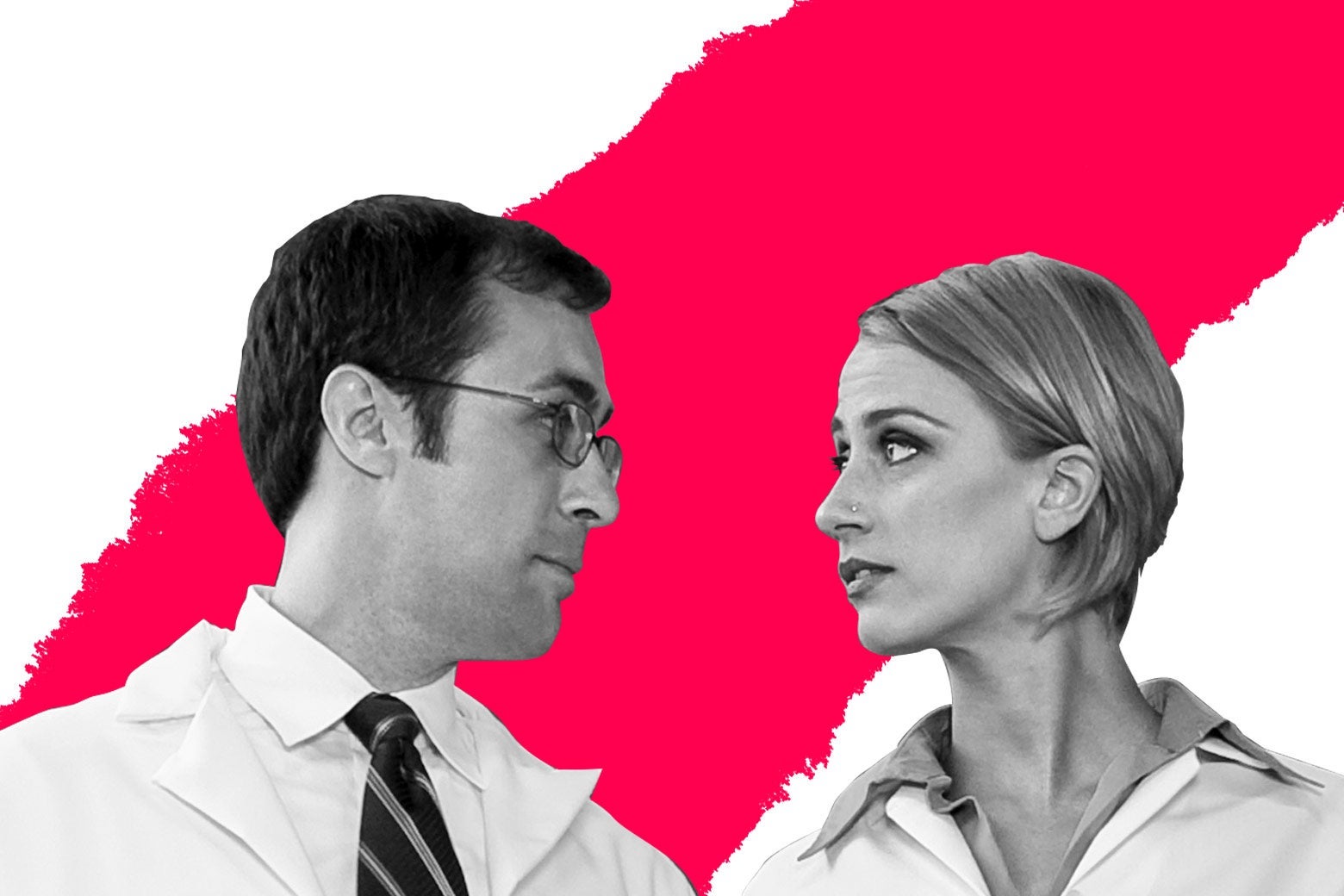 A man in a lab coat eyes a woman in a lab coat.