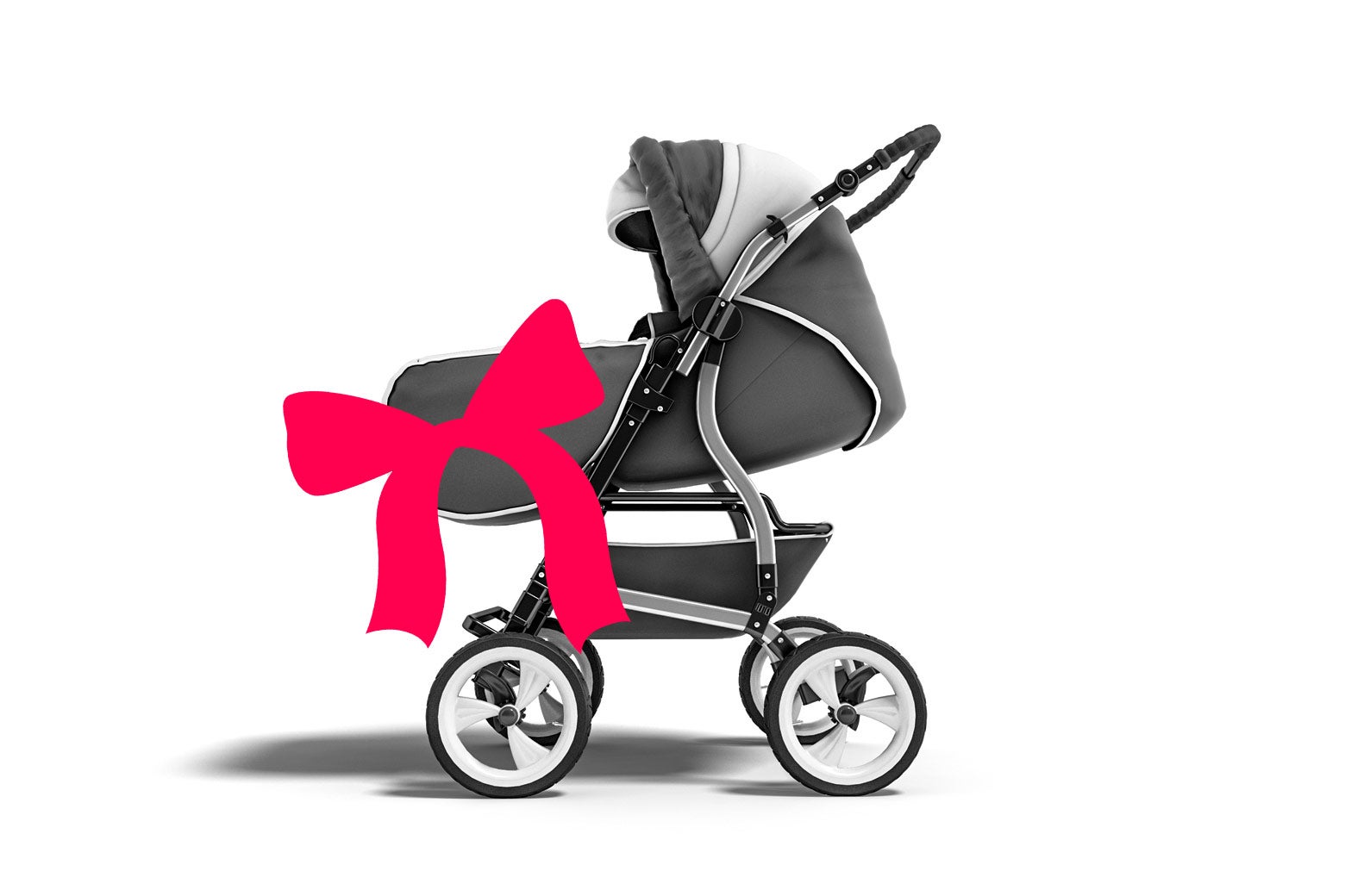 A stroller with a gift bow on it.