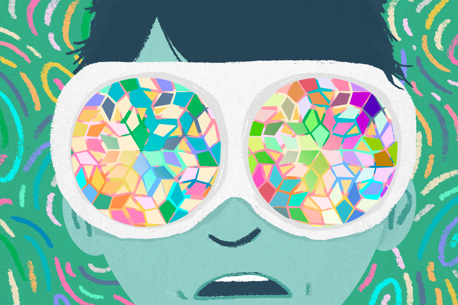 A kid wearing goggles that look kaleidoscopic. 