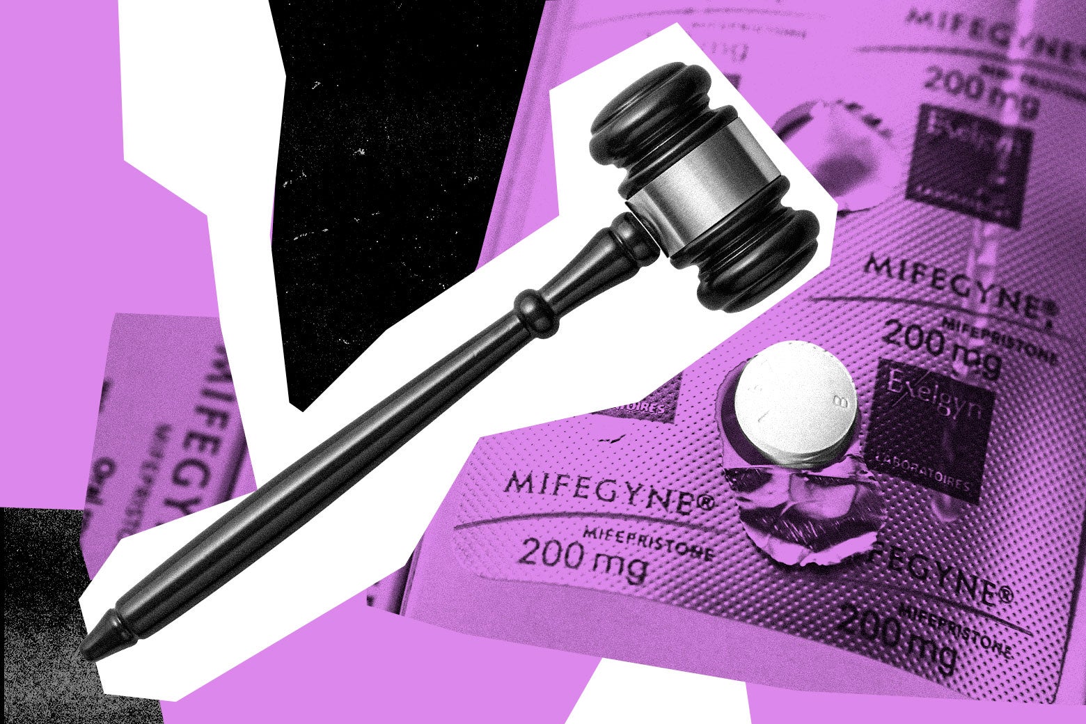 An editorial collage features a prominent wooden judge's gavel oriented diagonally across the center. It is set against purple-tinted images of "Mifegyne" (mife