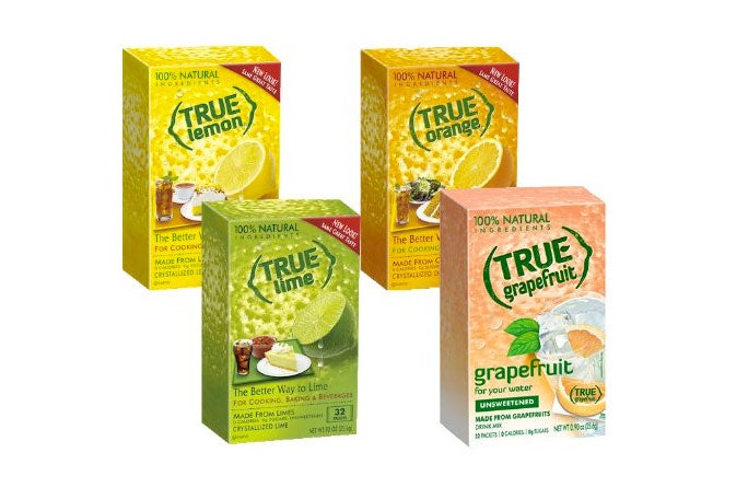 Several True Citrus powder flavors: lemon, orange, lime, and grapefruit.