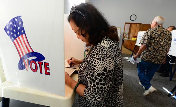 Robena Cheung votes at a polling station on Election Day in California.