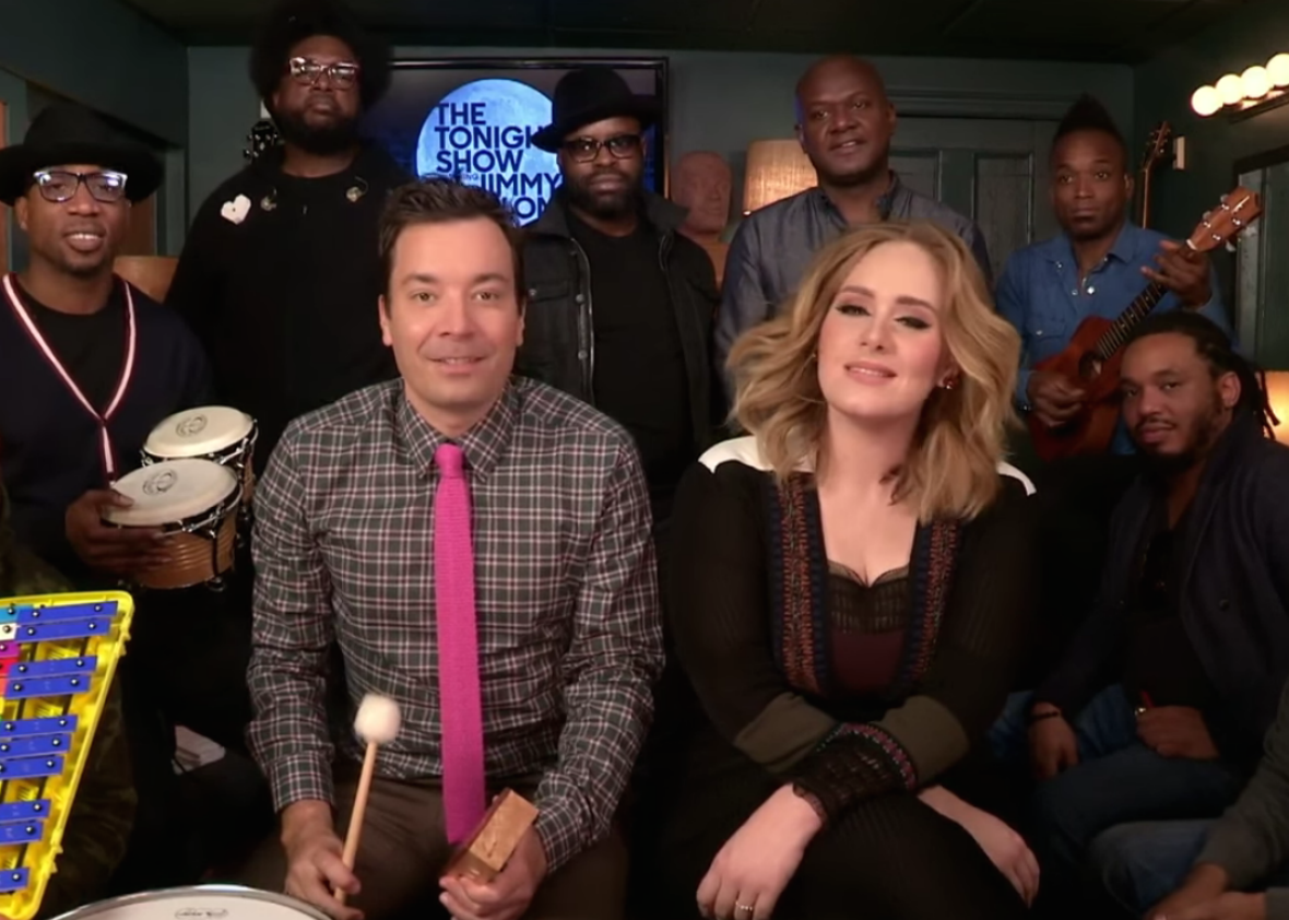 Adele, Jimmy Fallon, and the Roots perform “Hello” with classroom