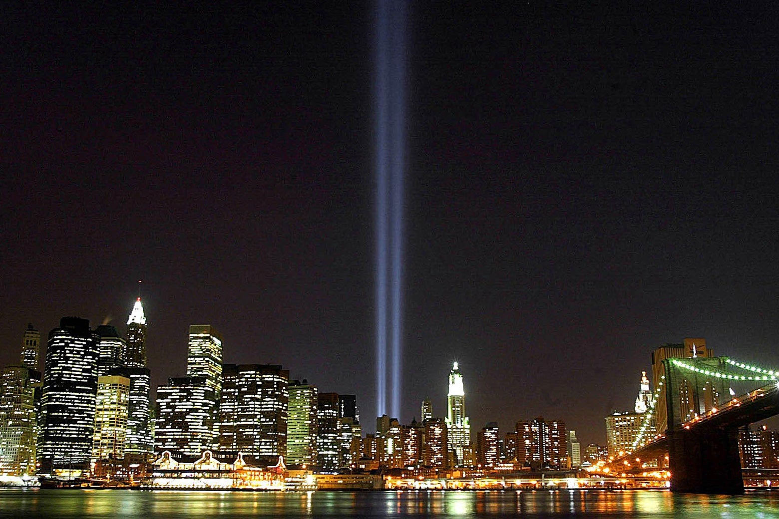The "Tribute in Light" interim memorial shows two beams of light where the Twin Towers had stood. 