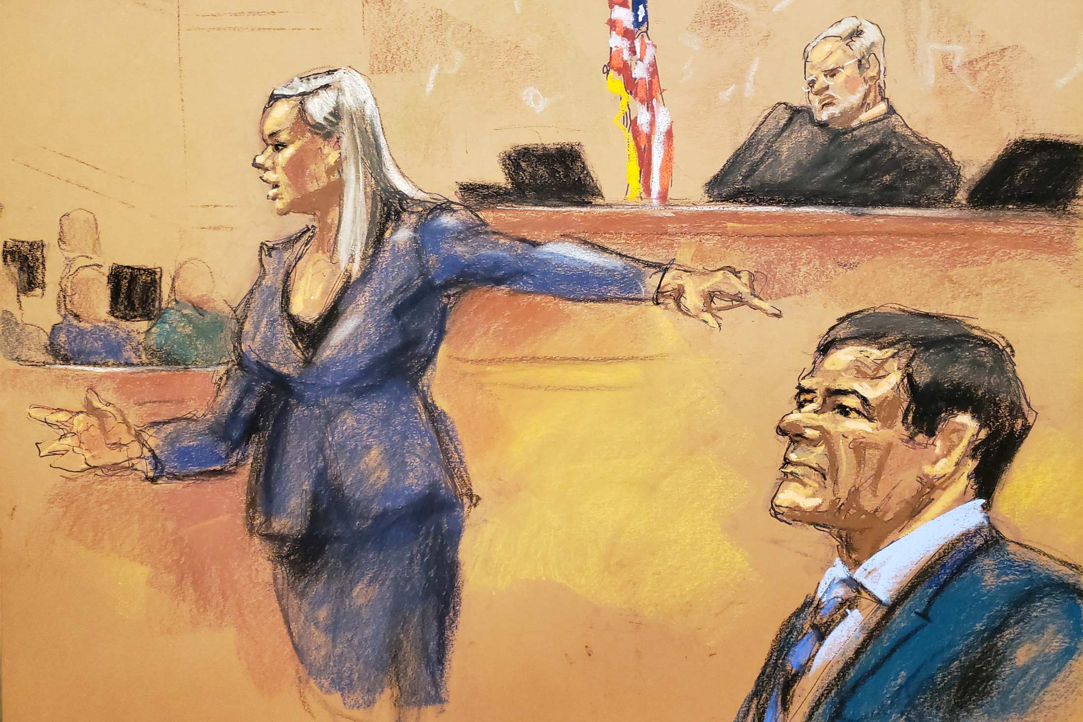 Courtroom sketch of Liskamm pointing at Guzmán in court.