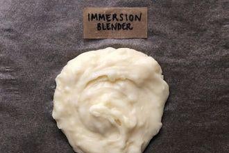 A dollop of mashed potatoes labeled Immersion Blender.