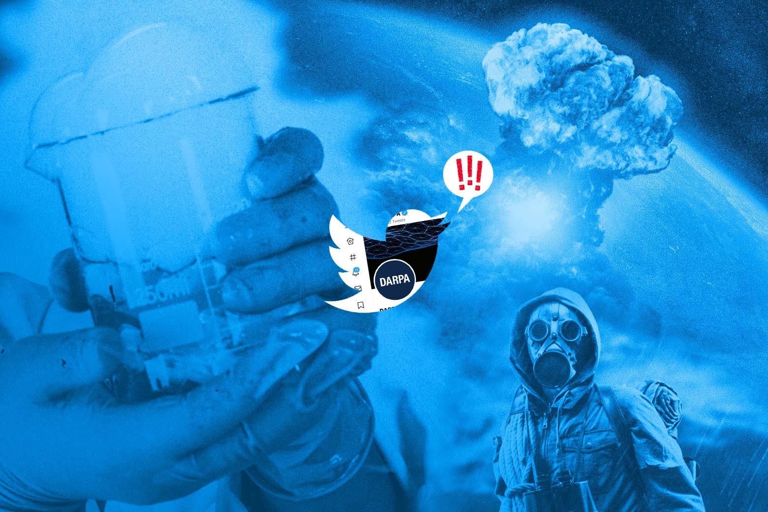 Photo illustration of a spooky beaker, a person wearing a gas mask, and an explosion juxtaposed with the Twitter logo.