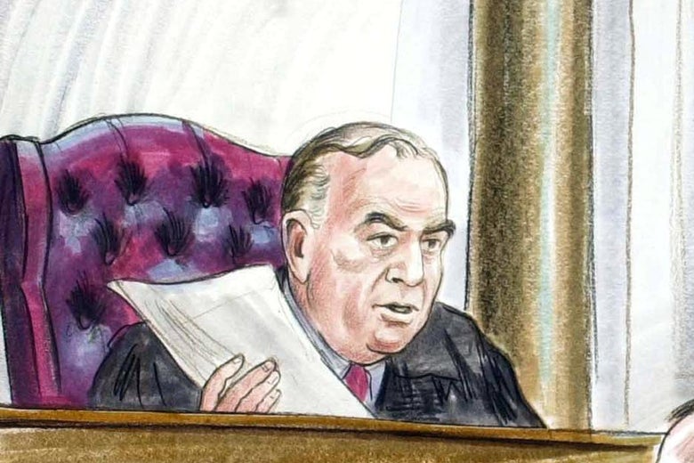 A courtroom sketch artist's drawing of a jowly ol' judge.