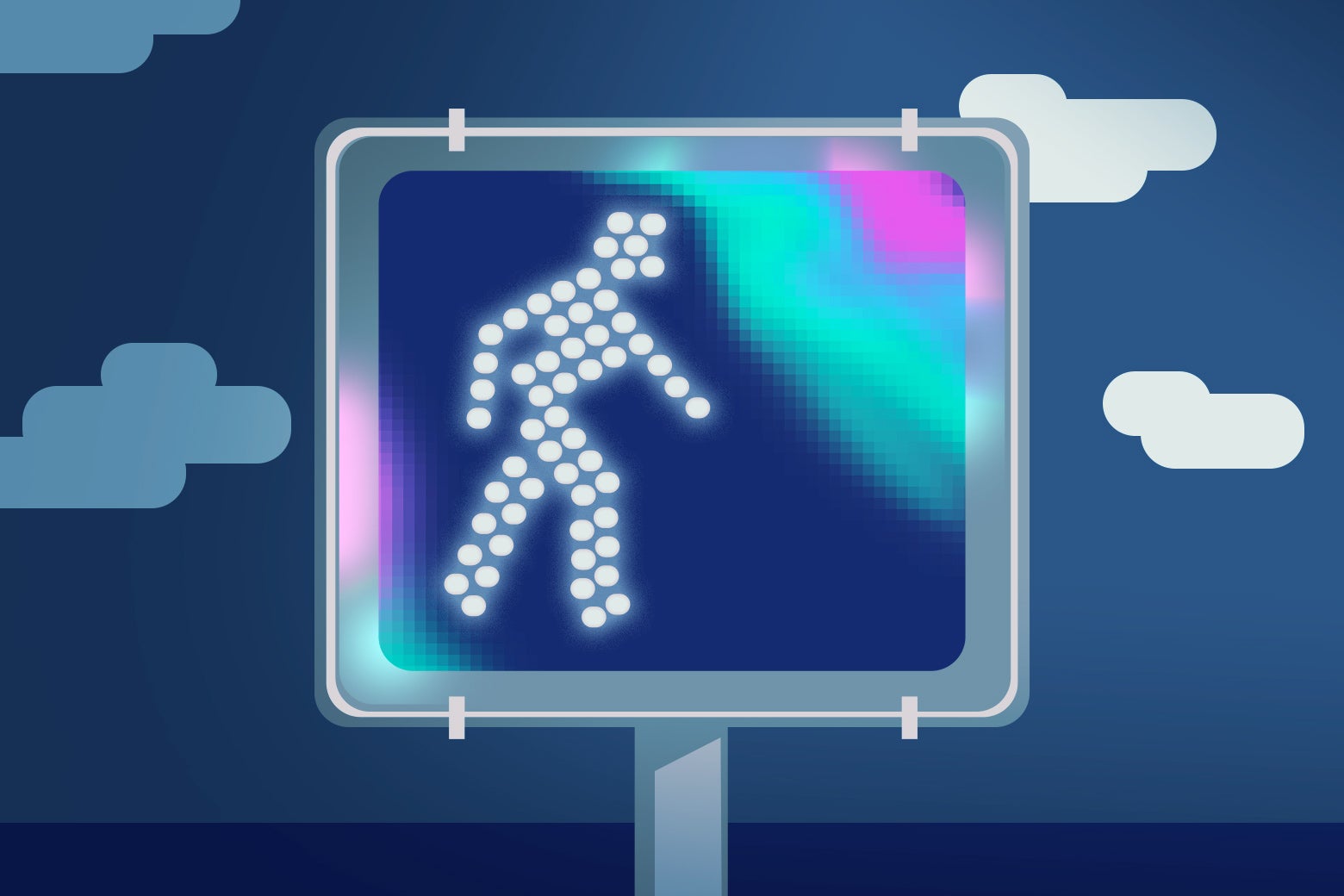 A pixelated walking pedestrian signal