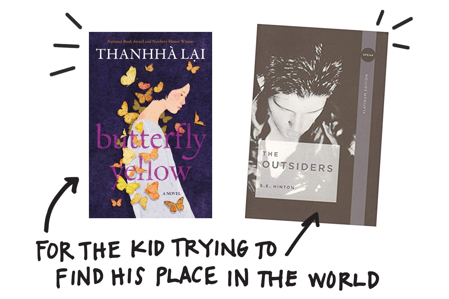 For the kid trying to find a place in the world, try The Outsiders by S.E. Hinton.