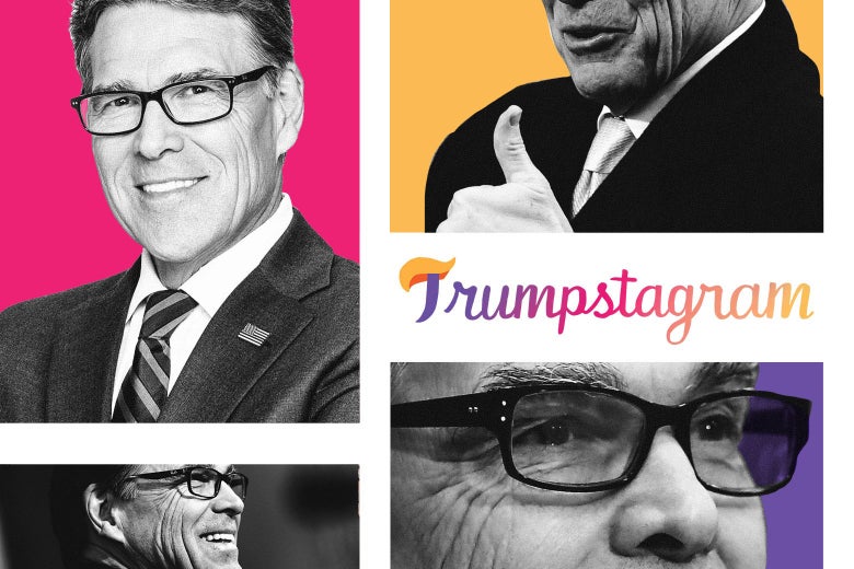 A grid featuring photos of Rick Perry smiling and giving the thumbs-up.