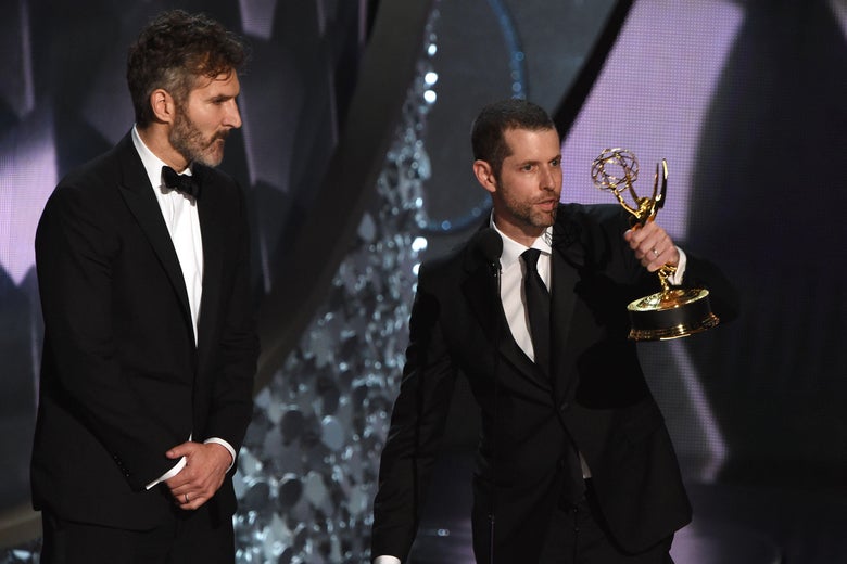 Writer/producers David Benioff (L) and D.B. Weiss accept the Outstanding Writing for a Drama Series for 'Game of Thrones' episode Battle of the Bastards during the 68th Emmy Awards show on September 18, 2016 at the Microsoft Theatre in downtown Los Angeles. / AFP / Valerie MACON (Photo credit should read VALERIE MACON/AFP/Getty Images)