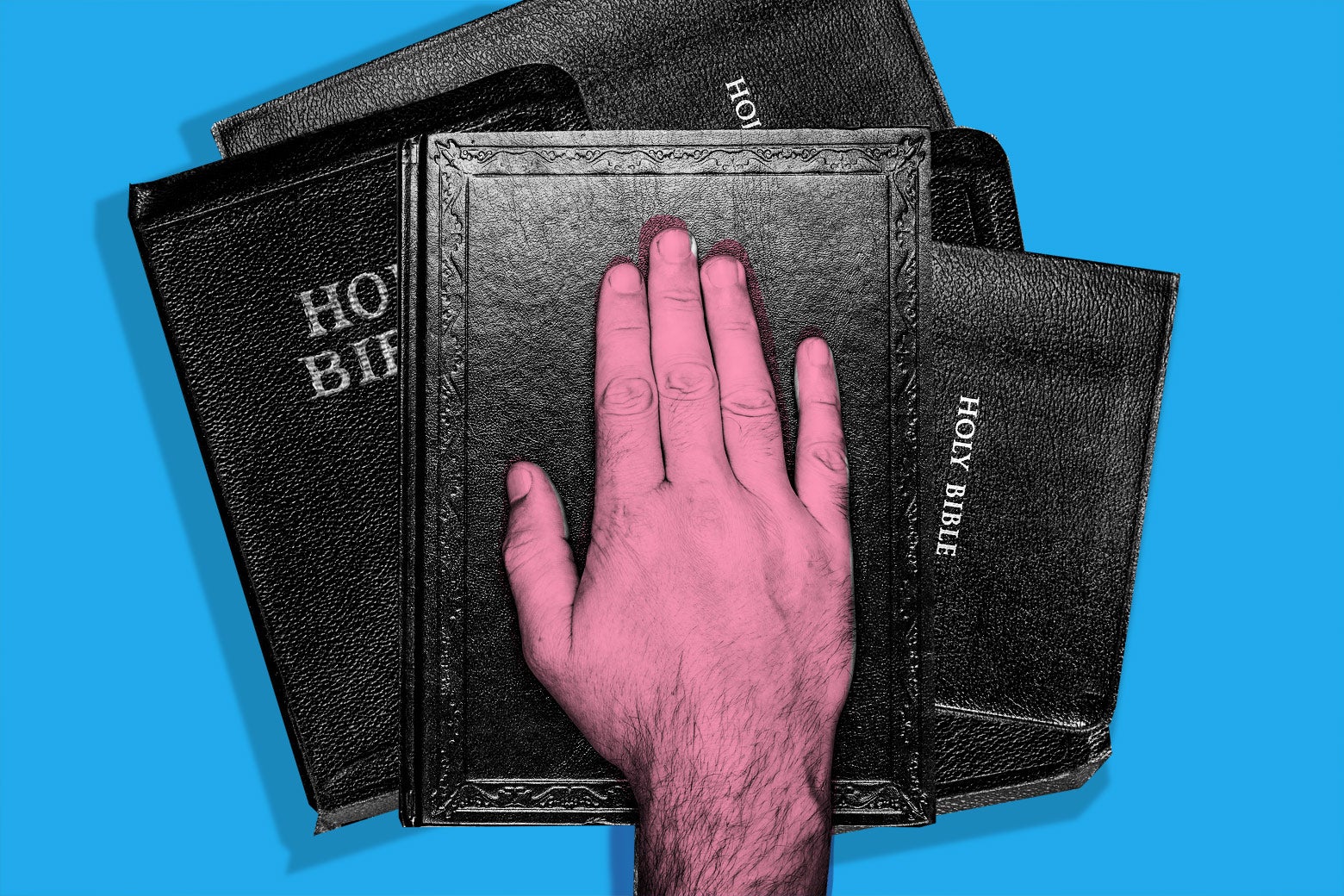 Photo illustration of a hand over a stack of Bibles.