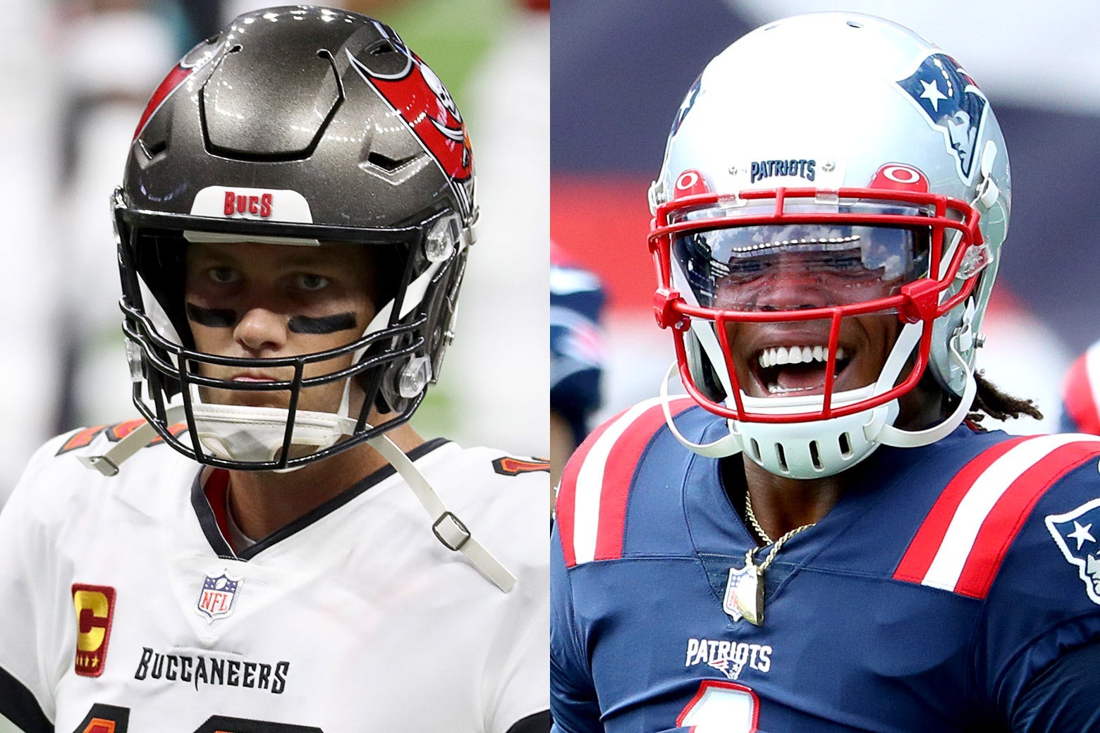 Side-by-side photos of Tom Brady as a Buccaneer and Cam Newton as a Patriot.