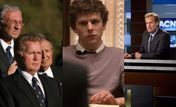 Martin Sheen in The West Wing, Jesse Eisenberg in The Social Network, and Jeff Daniels in The Newsroom. 