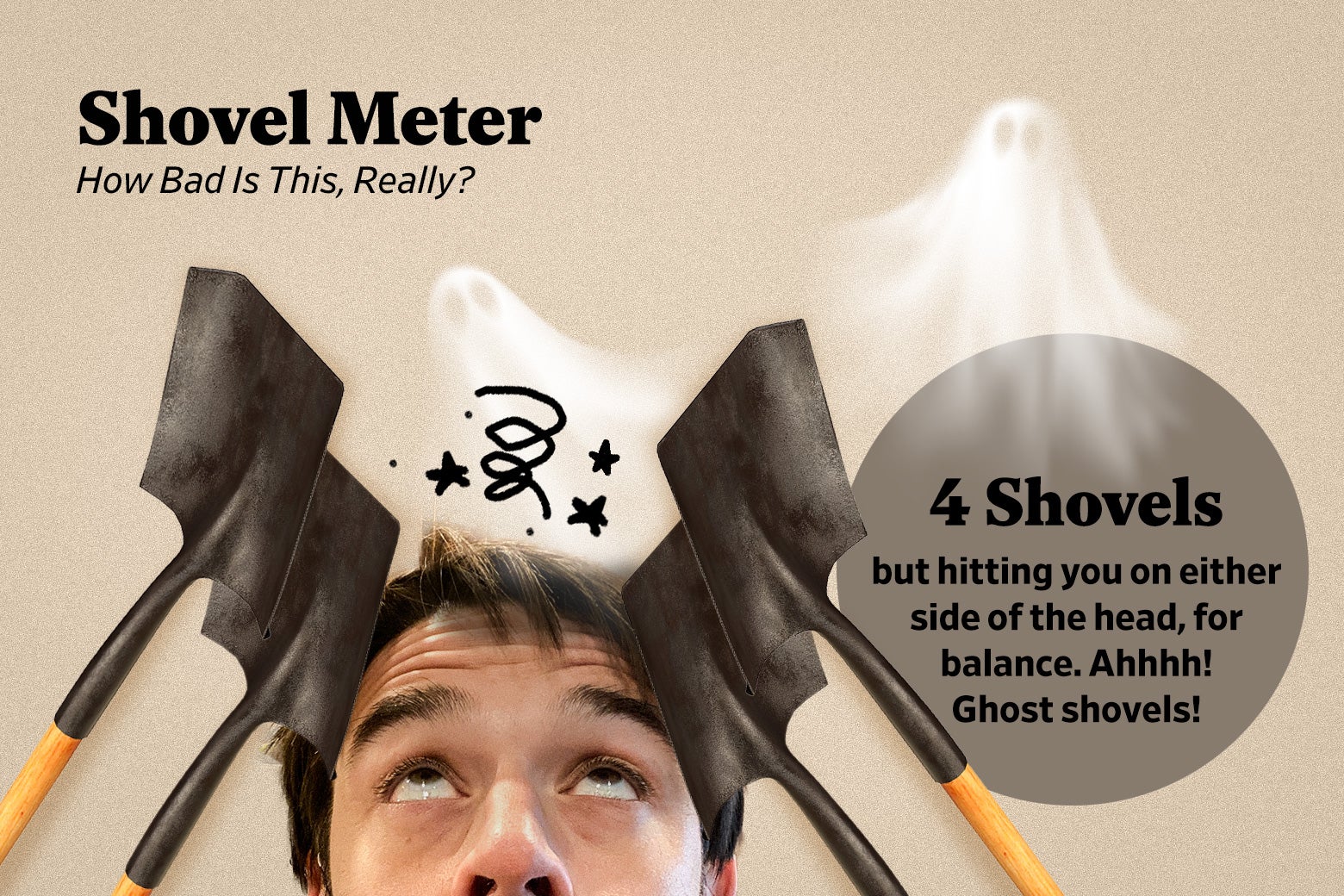 An illustration of Ben Mathis-Lilley being hit on the head with four shovels, with cartoon lines and stars radiating out of his head, and text that reads: Shovel Meter. How Bad Is This, Really? 4 Shovels: but hitting you on either side of the head, for balance. Ahhhh! Ghost shovels!