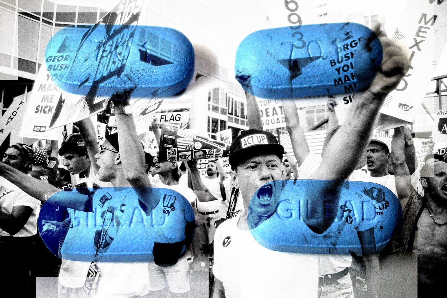 A collage of Truvada pills and ACT UP protesters.