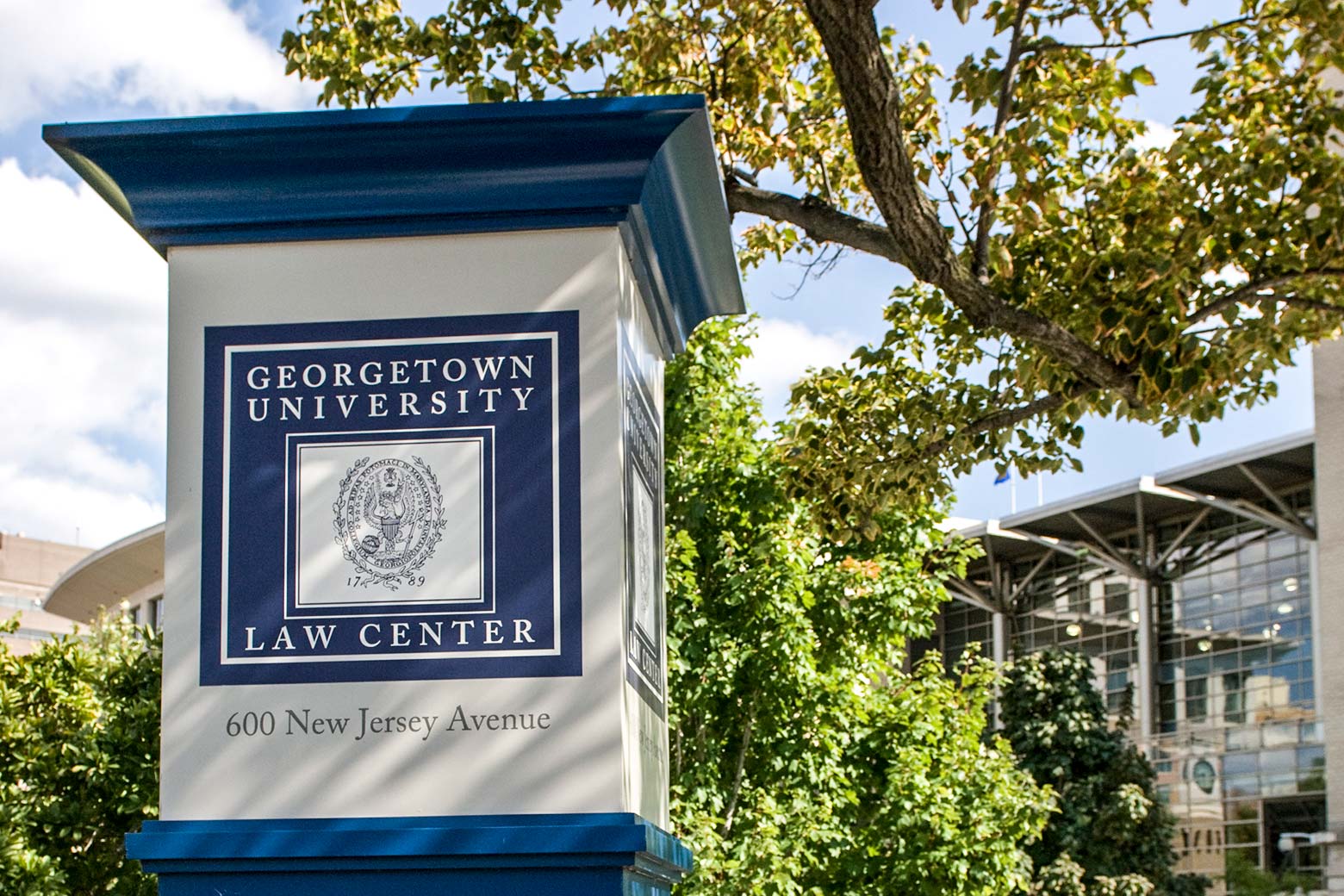 A Georgetown University Law Center sign on campus