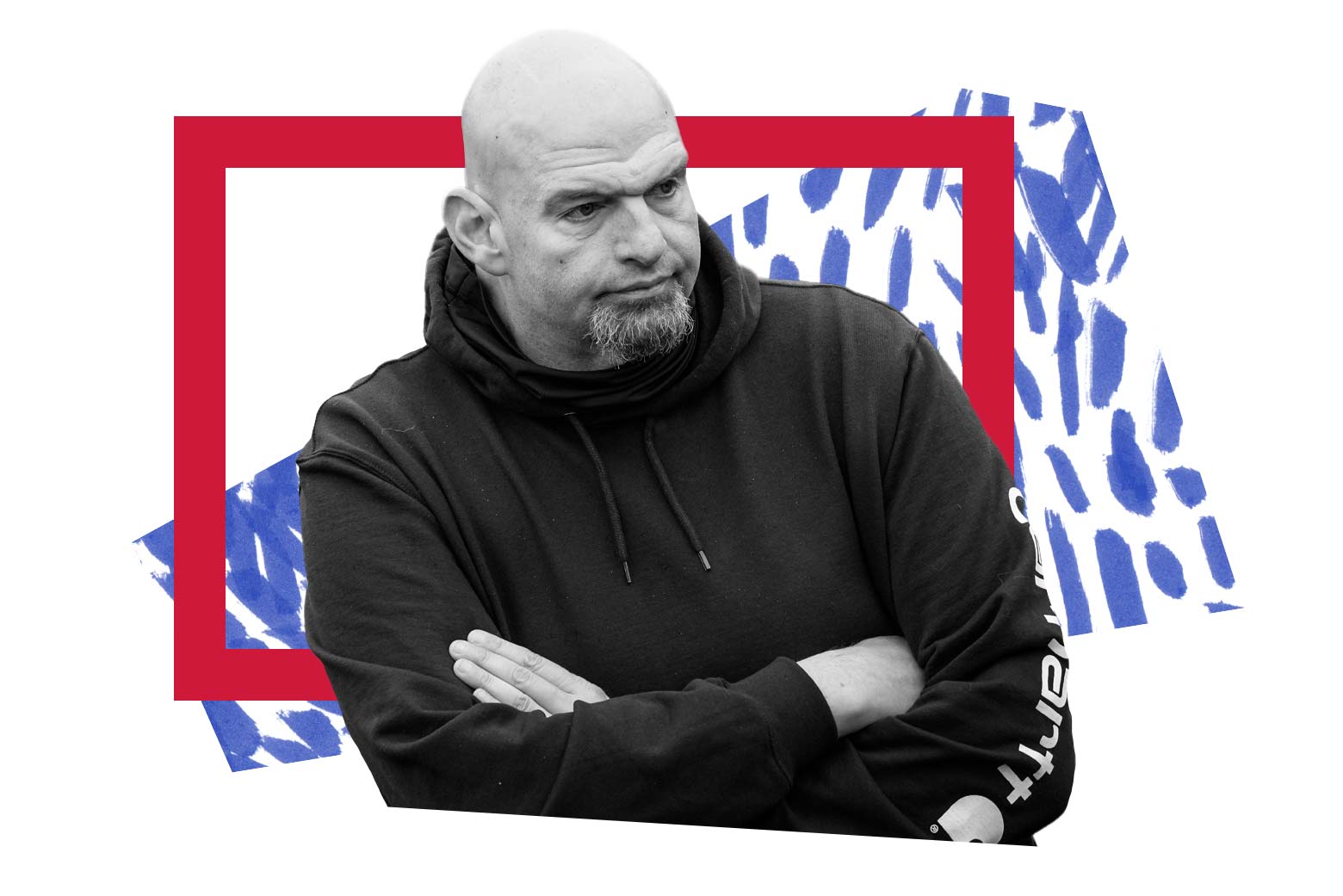 John Fetterman crosses his arms over his chest.