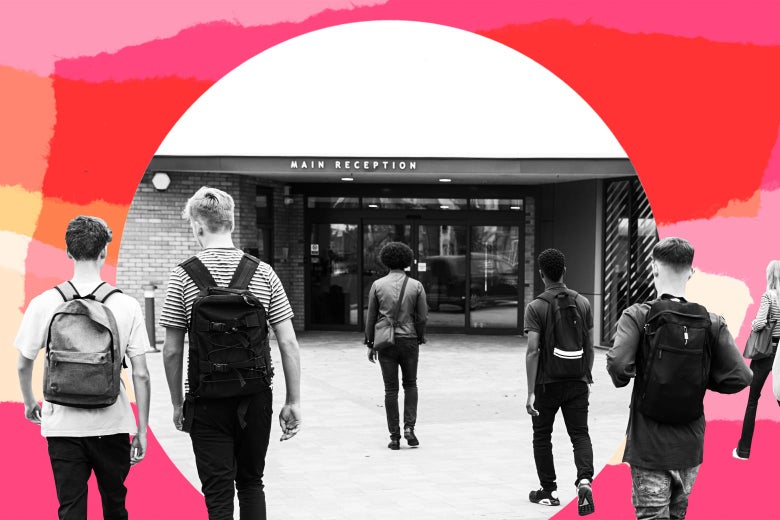 Teen students walking toward an entrance of a school.
