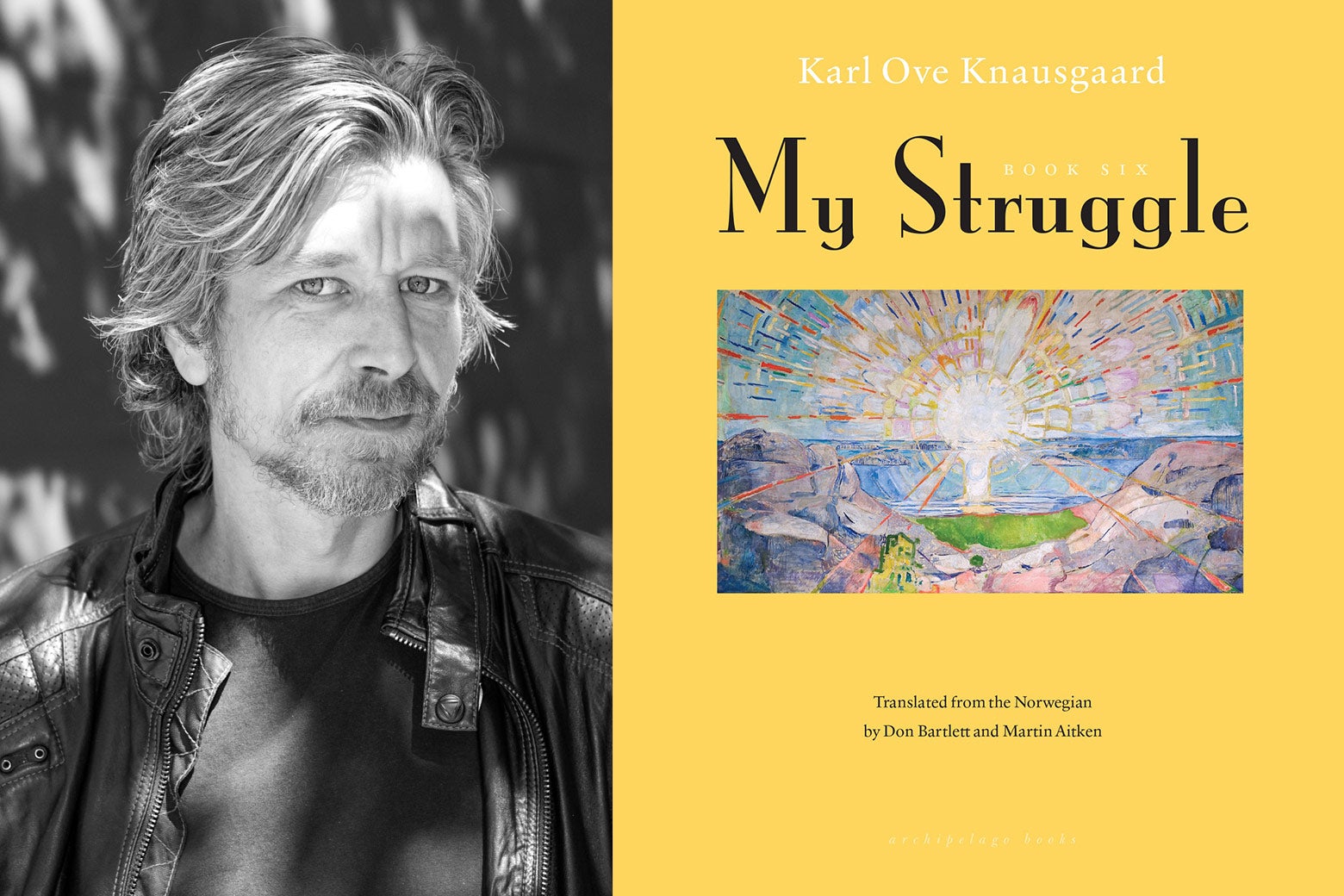 Side-by-side photos of Karl Ove Knausgaard and his book My Struggle Book 6