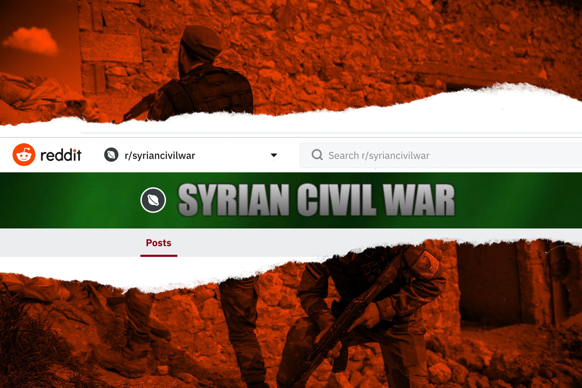 A screenshot of the r/syriancivilwar header over an image of Syrian fighters.