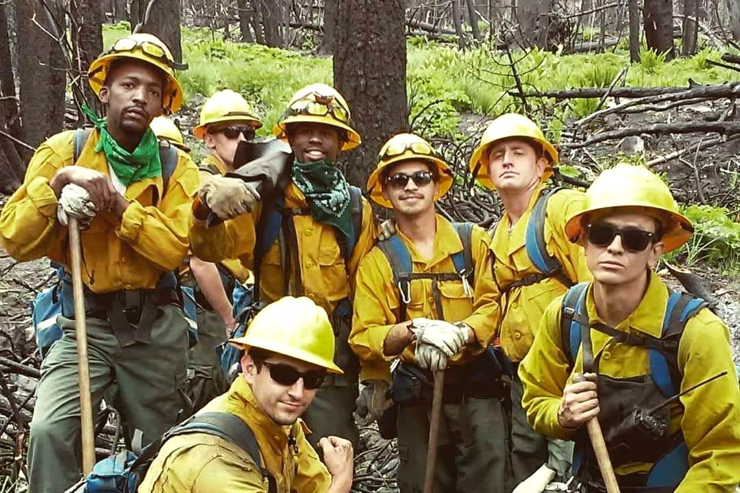 A group of firefighters in a forest